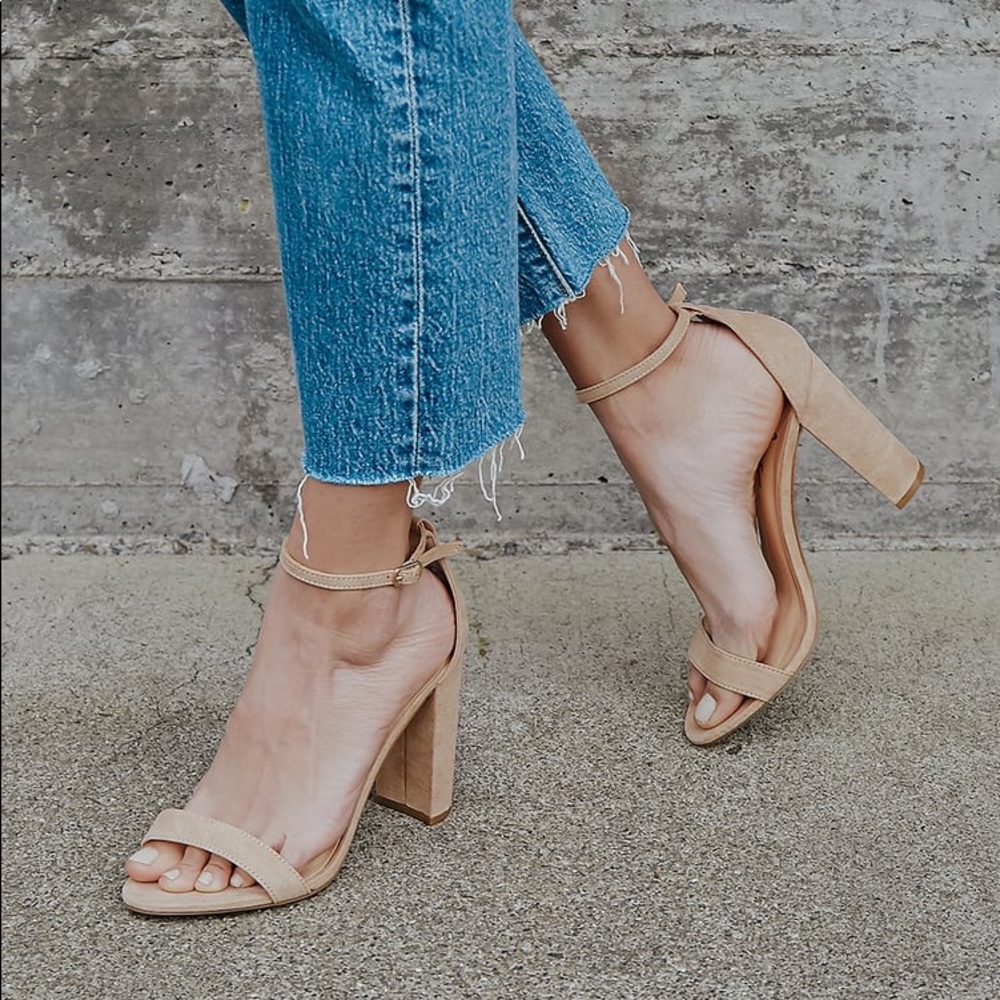 Lulu's Neutral Tan Suede Ankle-Strap Block Heels